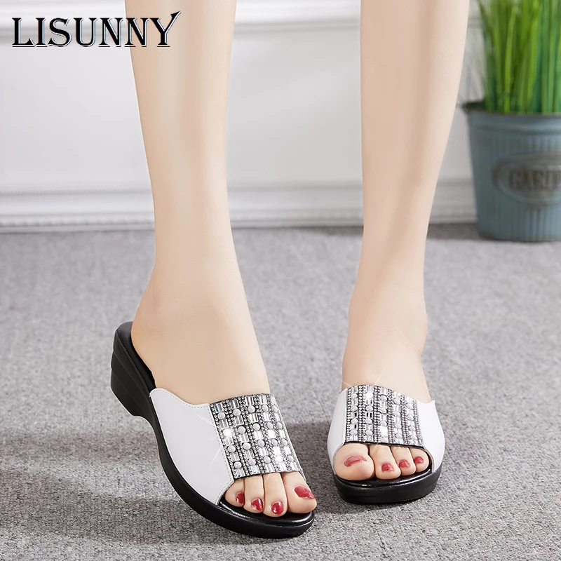 

LISUNNY Women Slippers 2020 Rhinestone Wedges Summer Female Sandals Sequins Genuine Leather Cowhide Women's Shoes Plus Size