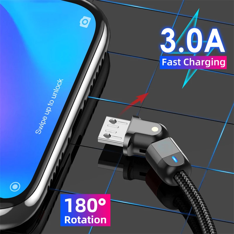

Fast Charger 3A 180 Rotation Data Cord Micro USB Cable For Samsung S7 S6 Xiaomi Redmi 4 4X Note 5 5A Android Phone cable Charger
