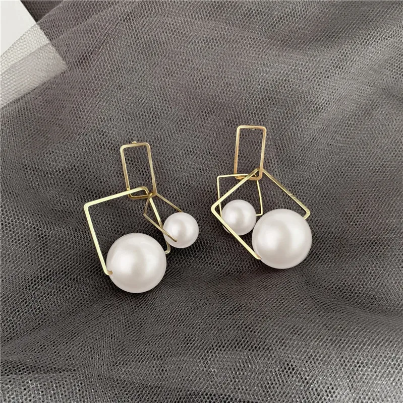 

925 sterling silver Korean temperament pearl Hollowed-out geometric drop dangle earrings for women wedding Elegant jewelry