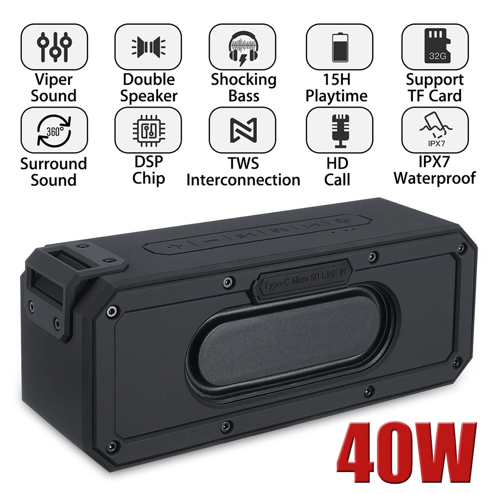 

40W Bluetooth Speaker Outdoor Shocking Bass Waterproof Call Function Portable Stereo Audio Mini TWS Interconnection Card Insert