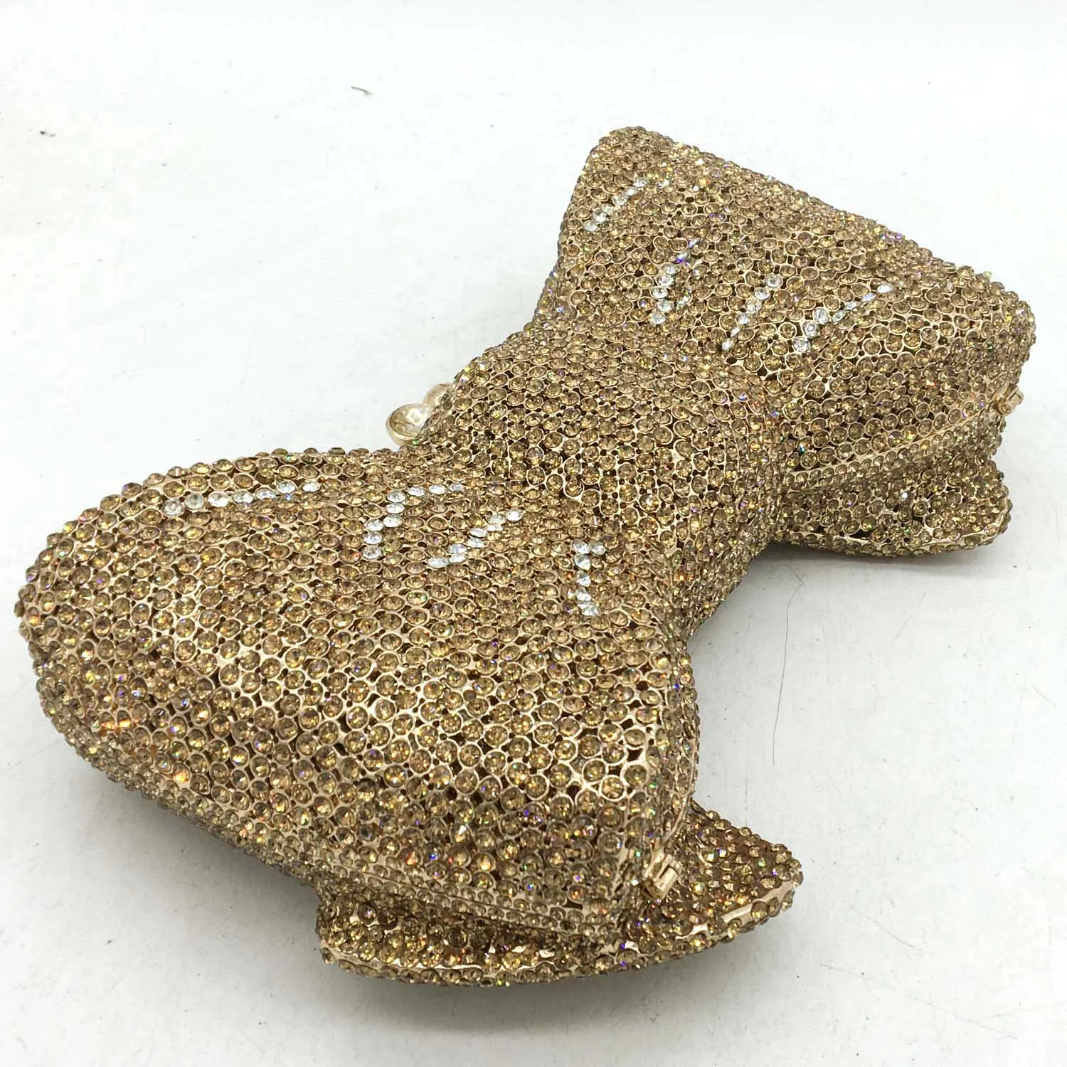 Boutique De FGG Novelty Women Bow Clutch Crystal Evening Bags Hard Case Metal Minaudiere Rhinestone Handbags Wedding Party Purse |
