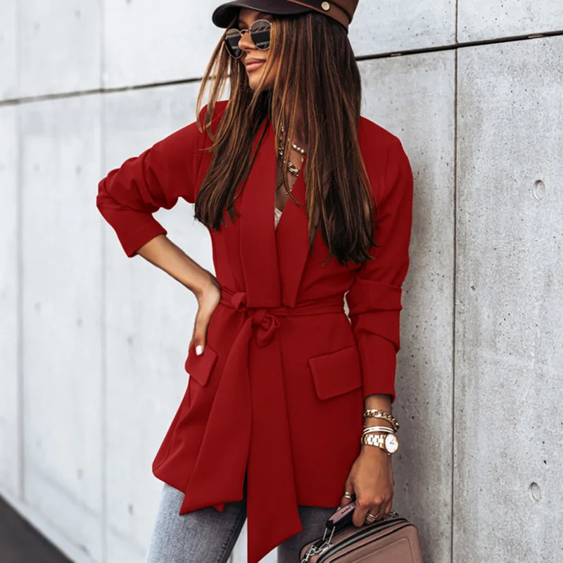 

2021 Women Blazer Office Lady Long Sleeve Tops with Belt Solid Color Chic Notched Sashes Fashion Outwear Slim Clothing