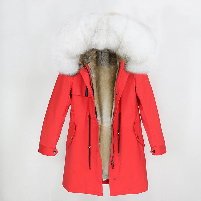 red white 2 OFTBUY натуральный Лисий мех воротник парка с капюшоном зимняя куртка женская натуральный кроличий мех внутри Толстая теплая верхняя одежда Уличная Роскошная - Цвет: red white 2