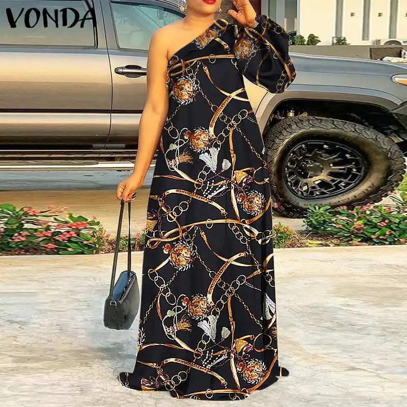 

Autumn Long Sleeve One Shoulder Vestidos VONDA Women Vintage Printed Pleated Long Maxi Dress Loose Fall Sundress Oversized Robes