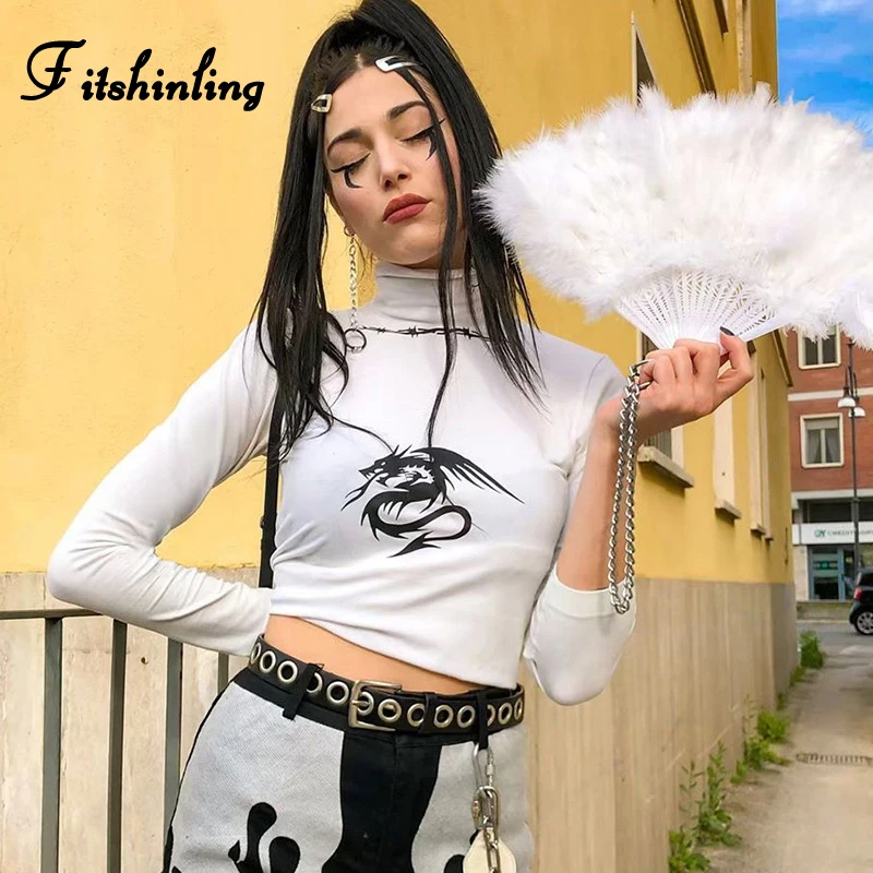 Женская хлопковая Футболка Fitshinling Harajuku Осенний укороченный Топ с длинным рукавом