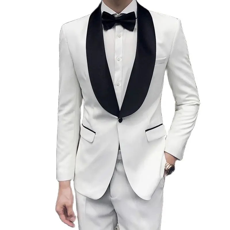 

2022 Tailor-Made White Single Button Male Suit Set With Black Shawl Lapel 2 Pieces Grooms Wedding Evening For Man Slim Fit Wear