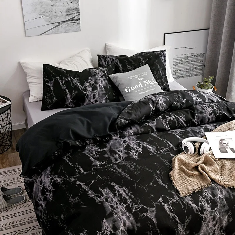 Black Marble Pattern Polyester Fiber Two Pillow Cases One Duvet Cover 3PCS Bedding Set |