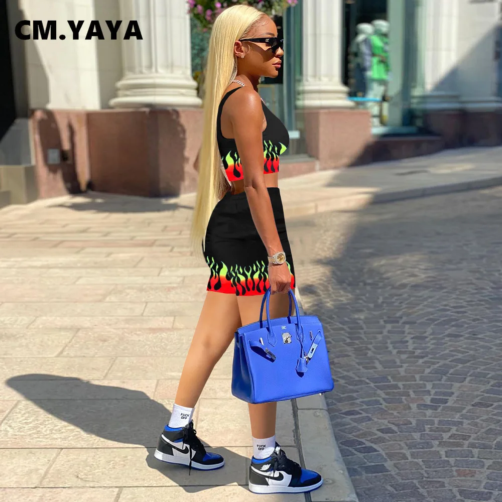 CM.YAYA Women Set Print O-neck Crop Tanks Tops Pockets Shorts Two 2 Piece Sets Active Tracksuit Casual Outfits Summer Sporty |