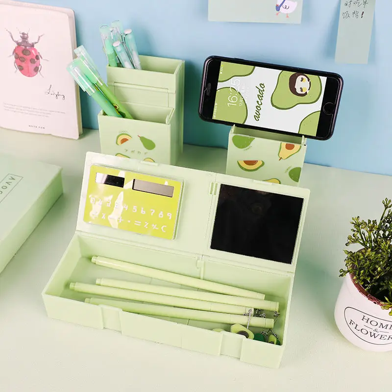 

4 In 1 Multi-function Large Capacity Pencil Box Penholder School Supplies Stationery Box with Calculator and Mirror Desk Storage