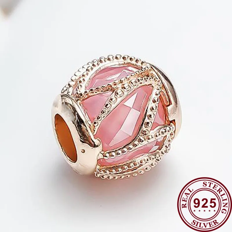 

100% 925 Sterling Silver Bead Rose Gold Hollow Pattern With Crystal Beads Fit Pandora Women Bracelet & Necklace Diy Jewelry