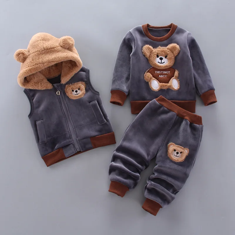 Baby boy clothes cotton warm suit cartoon dinosaur plus velvet thick hooded sweater baby casual sports vest three-piece |