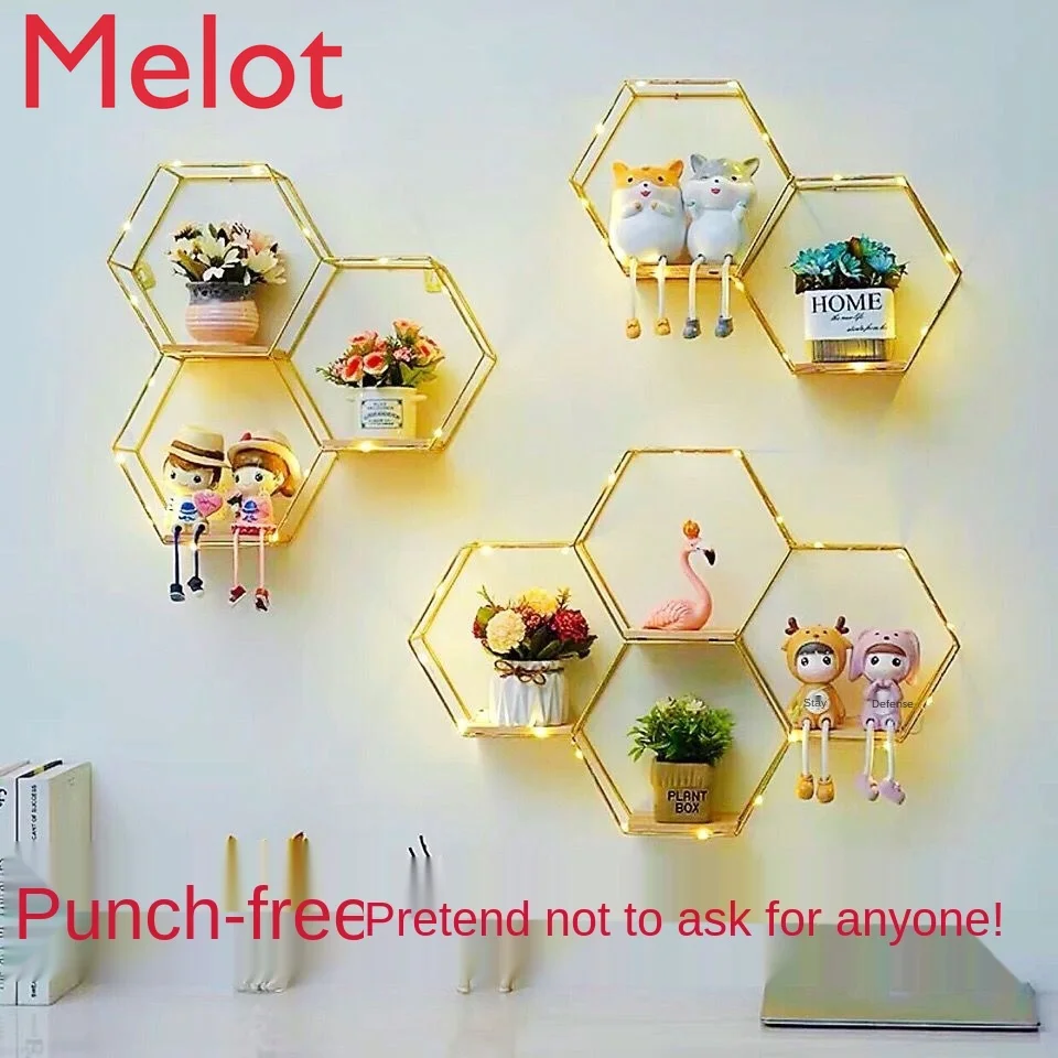 

Syj Punch-Free Room Wall Decoration Rack Creative Plaid Bedroom Storage Bookshelf Wall-Mounted Flower Rack