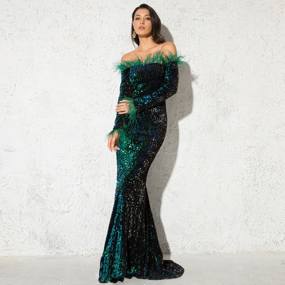 

TULX Shiny Sequin Feather Velvet Party Dress Long Sleeve Bodycon Stretchy Slash Neck Floor Length Mermaid Dress Black Green