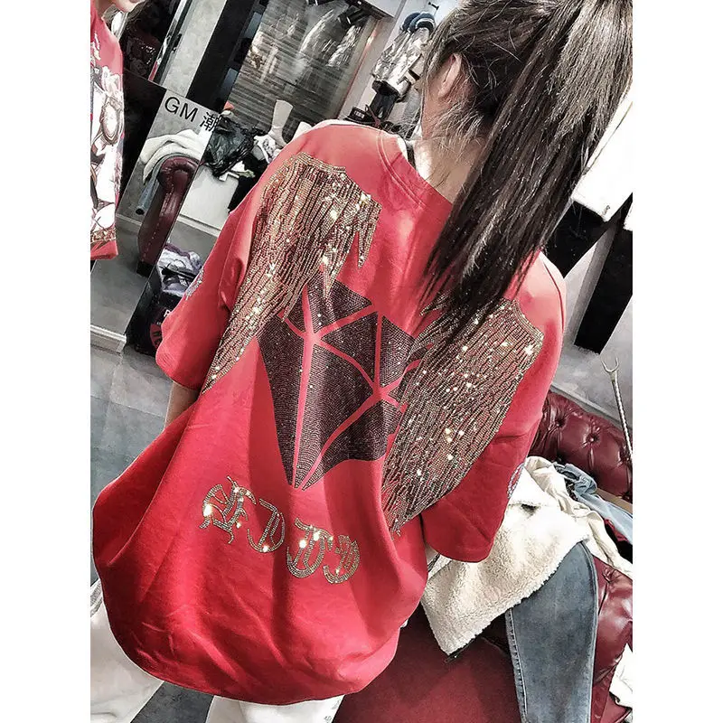 

2021 spring and summer new loose bottomed shirt heavy industry inlaid diamond medium length short sleeve T-shirt blouse T-shirt