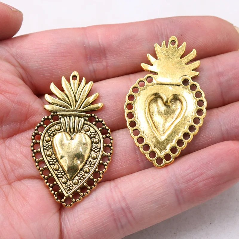 

6pcs Christian Acred Sacred Heart Charm Mexico Milagro Flame Heart Pendant Shiny Silver Plated Tones 40*24mm A2274