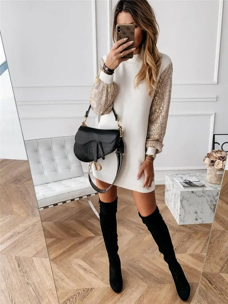 Платье с рукавами-фонариками и блестками Прямая поставка | Женская одежда