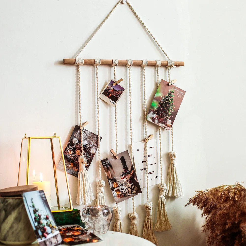 Macrame Woven Wall Hanging Boho Chic Bohemian Home Geometric Art Photos Tapestry Decor with Clips | Дом и сад