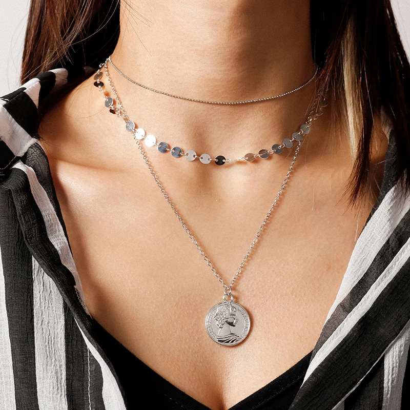 

Fashion Multi-Layer Sequins Chains Necklaces for Women Metal Portrait Coin Pendant Necklace Chokers Collare Jewelry Accessories