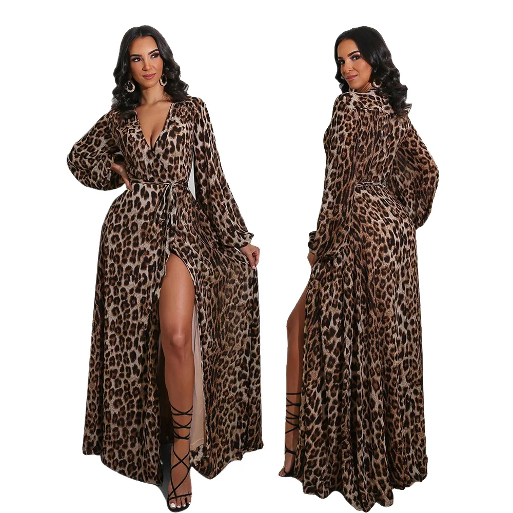 

Leopard Print Women Sexy Deep V-neck Party Dresses Lady Autumn Lantern Sleeve Lace-up Slim Waist High Waist Floor-length Dress