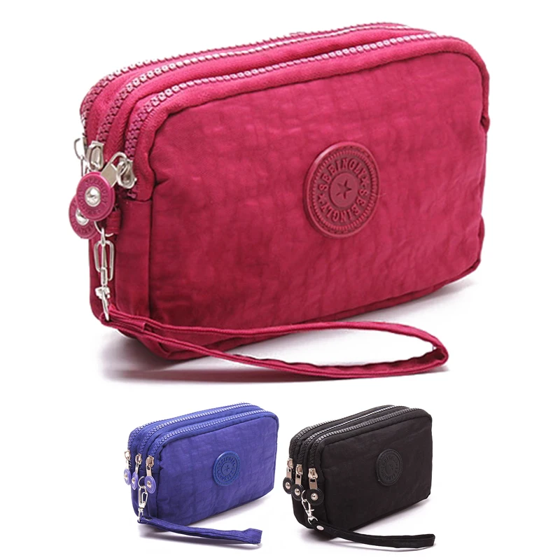 

Women Small Wallet Washer Wrinkle Fabric Phone Purse Three Zippers Portable Make Up bag