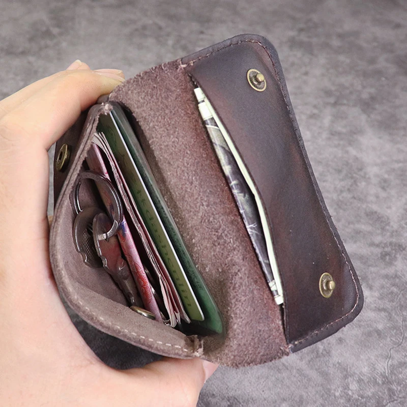 Retro Mini Original Leather Men Wrinkle Coin Purse Credit Cards Holder Genuine Leather Bifold Minimalist Short Wallet for Women