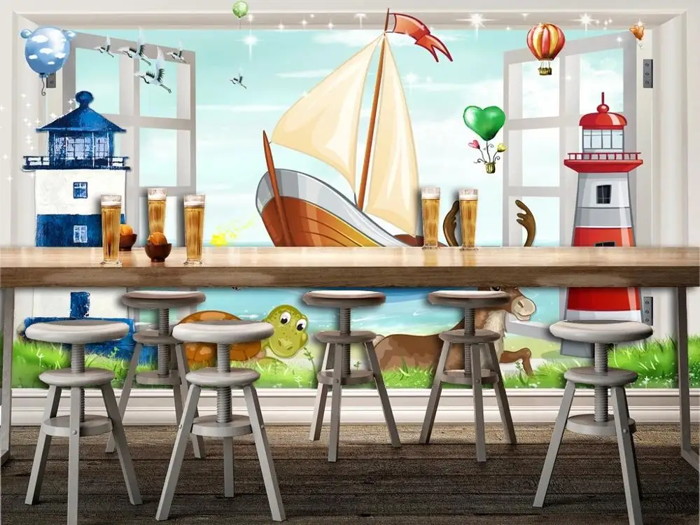 

Custom large mural 3D wallpaper Lighthouse sailboat fake window child bedroom mural TV back wall decor deep 5D embossed