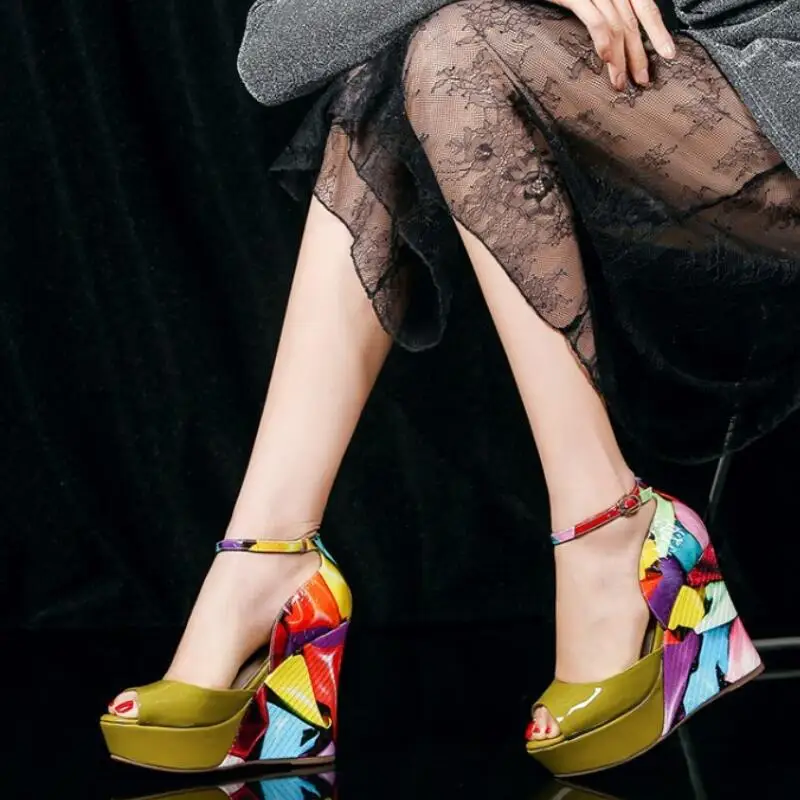 Mixed Color Summer Fashion Women Sandals Wedges High Heel And 3-5cm Platform Cover Buckle Strap Shoes | Обувь