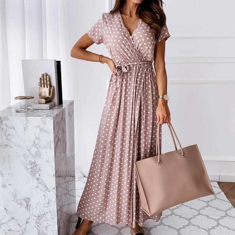 

Vicabo Polka-dot Printed Dress for Women Summer V Neck Dresses Sashes Short Sleeve Boho Sexy Female Vestidos