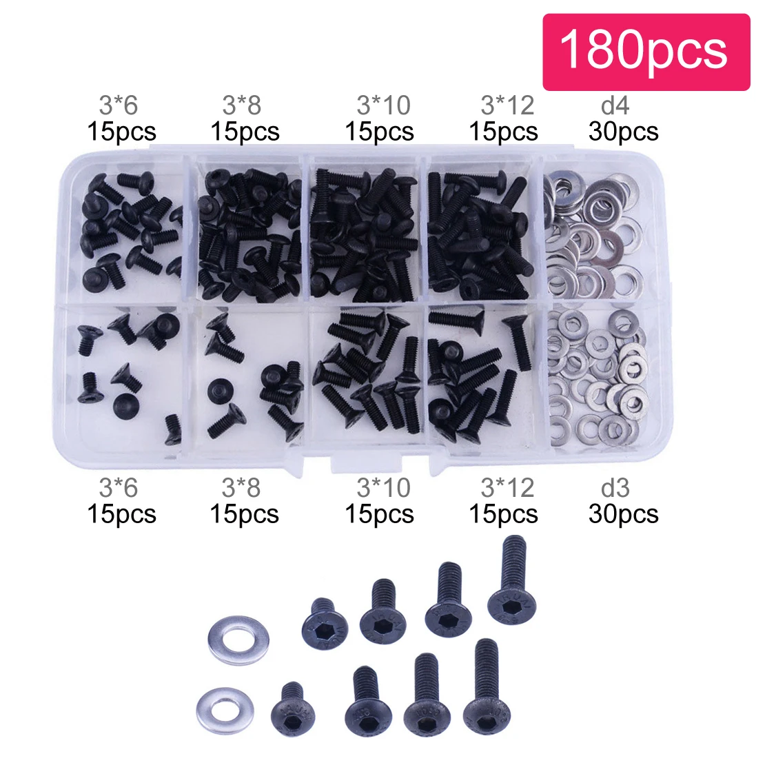 

180pcs Steel Round Flat Head Screws Box Assorted Kit Set RC Car Crawler HSP HPI Traxxas TAMIYA CC01 4WD Axial SCX10