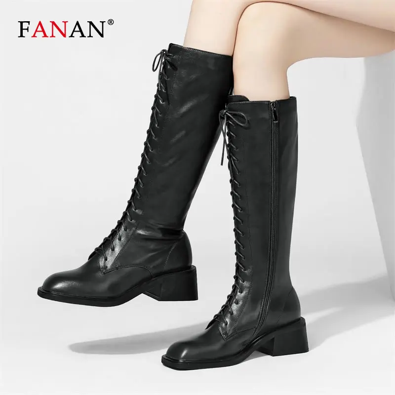 

FANAN Black Lace Up Long Boots Square Chunky Heel Knee High Boots Autumn Women's Flat Soled Leather Shoes Booties Mujer 2020