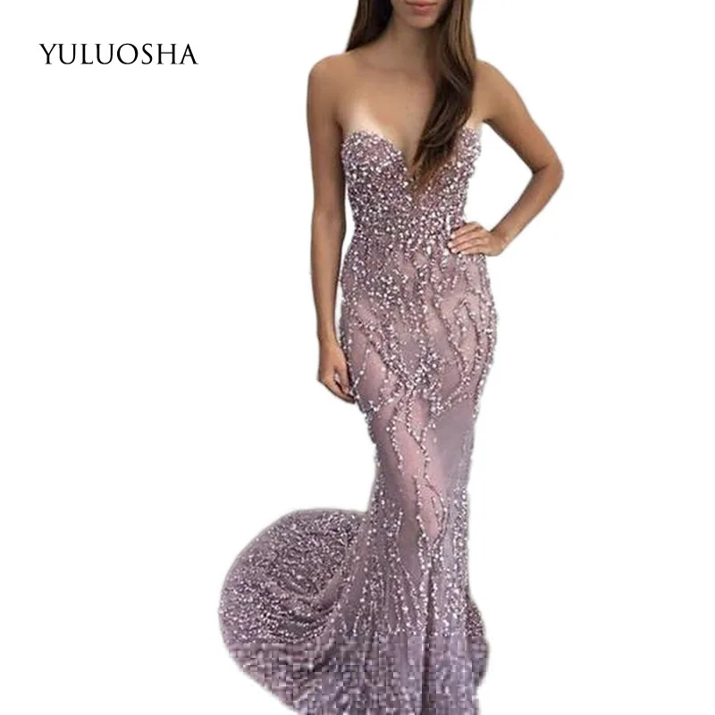 

YULUOSHA Evening Dresses Long Custom Made Beading Crystal Strapless Trumpet Evening Gown Special Occasion Dresses Formal Dress