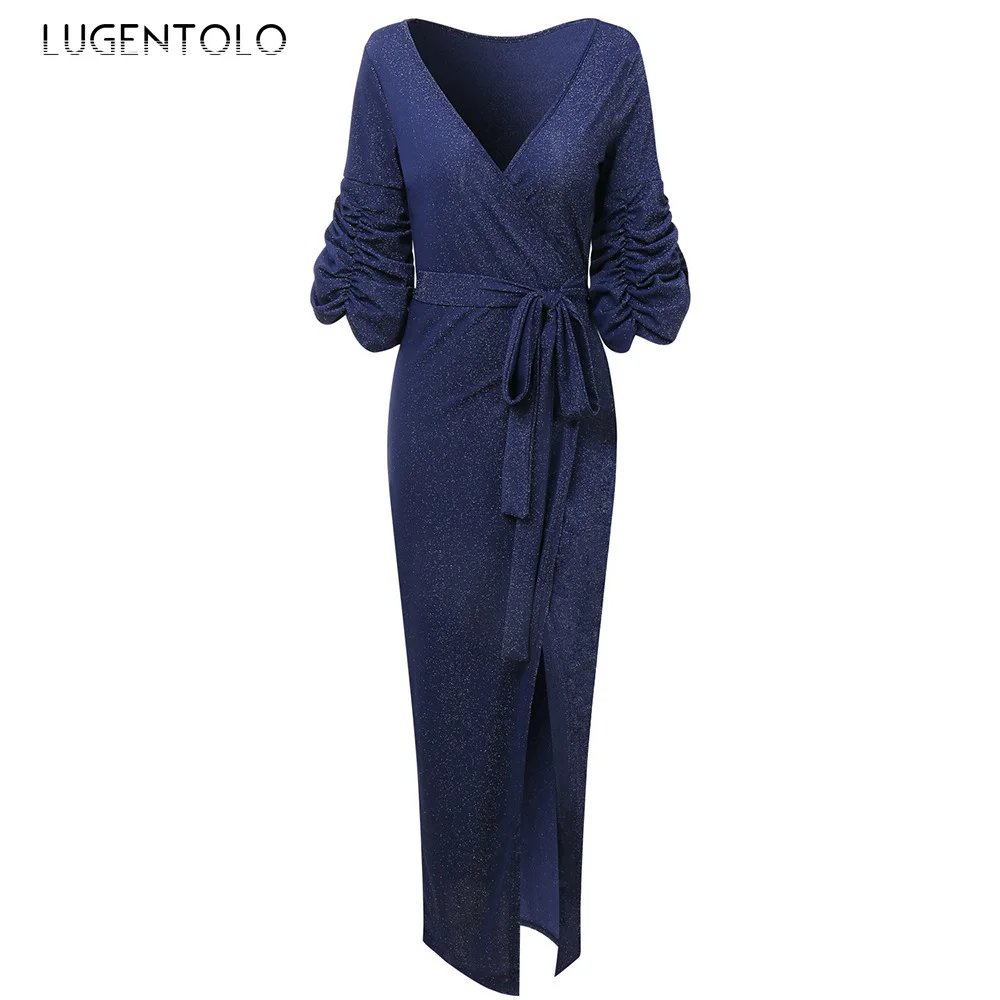 

Lugentolo Dinner Party Women Dress Sexy Lace-up Split V-neck Off-Shoulder Wrap-around High Waist Dress Slim Fit Lady Maxi Dress