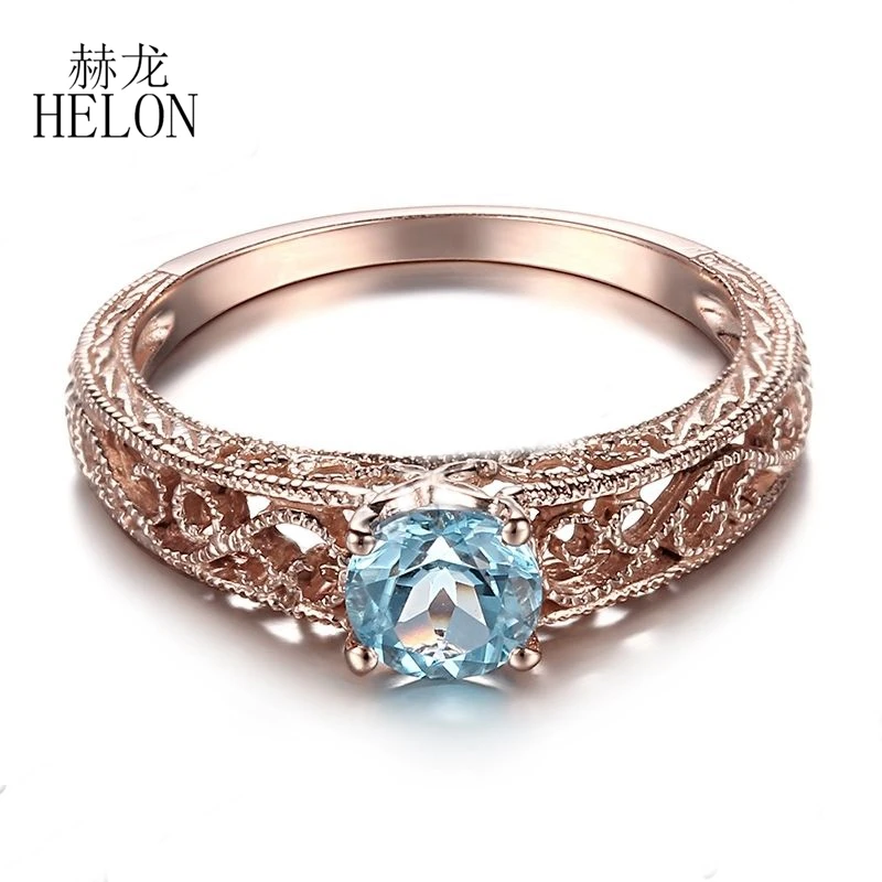 

HELON однотонное 10K розовое золото безупречный круглый 5 мм настоящий синий топаз Обручальное кольцо для женщин драгоценный камень Винтажный ...