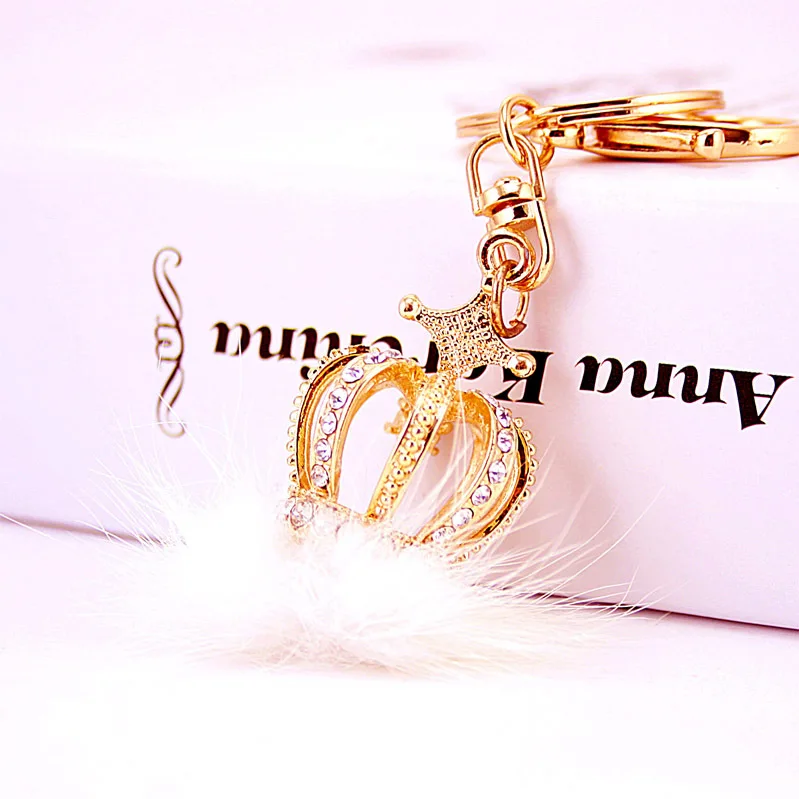 New Crown Crystal Rabbit Fur Ball Keyrings Prom Bag Keyfob Rhinestone Pendant Key Rings Chain for Women Christmas Gifts | Украшения и