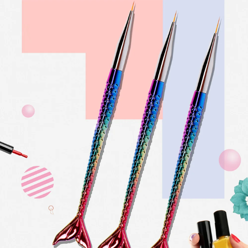 

3Pcs Mermaid Rainbow Nail Art Brush Sculpture Dotting Nail Design Line Painting Stripe Pins Drawing Manicure Accessories Tool