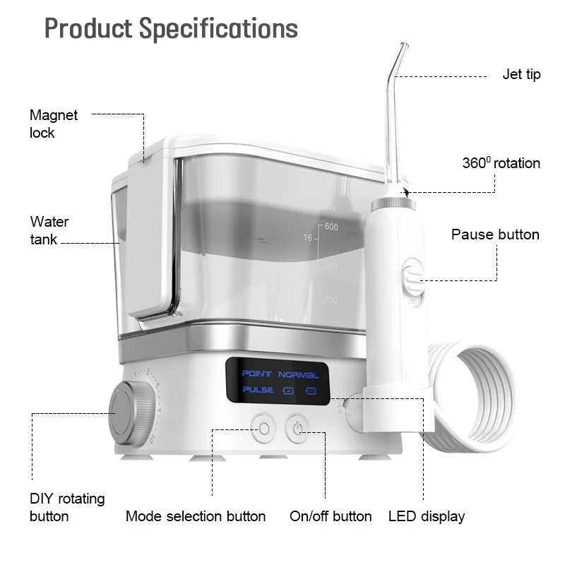 

Rechargeable Portable Oral Irrigator Water Flosser With 10-degree Adjustable Water Pressure 600ml Tank Capacity For Oral Hygiene