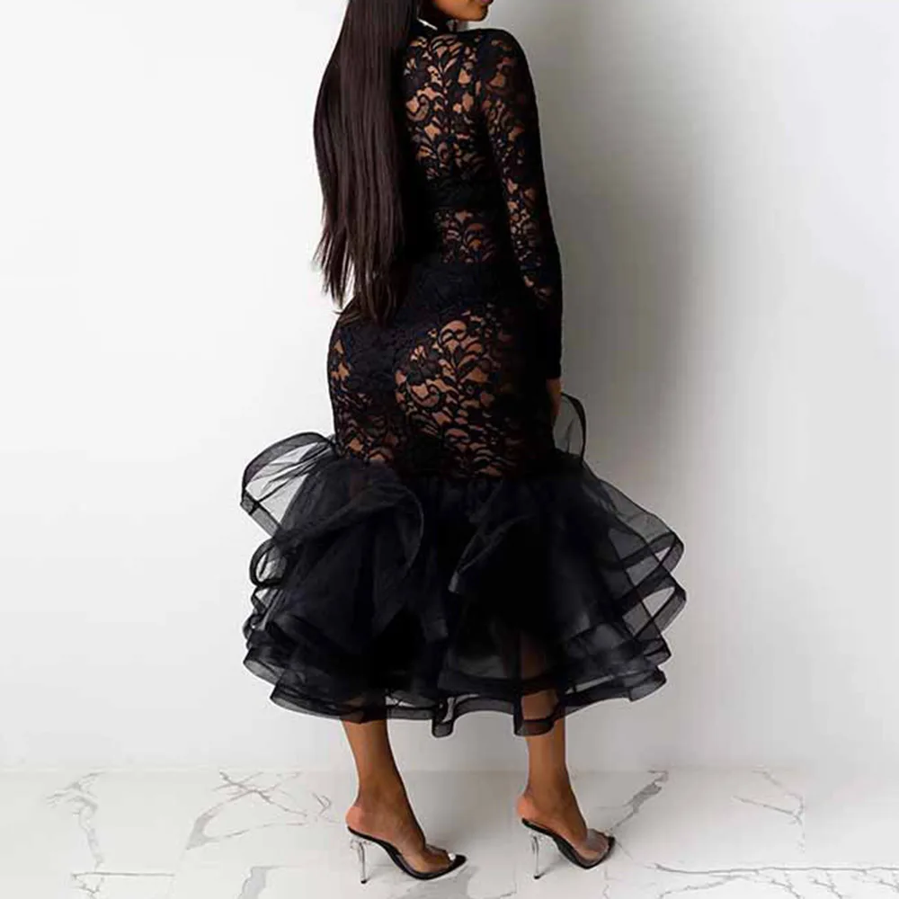 Сексуальное ажурное женское платье Русалка 2020 черное размера плюс кружевное