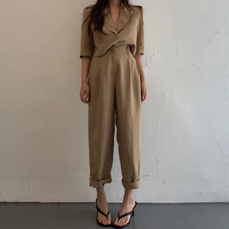 

SE023 Temperament Cotton Hemp Set Lapel Single-breasted Top+Elastic Waist Wide Leg Pants Womens Two Pieces Suit