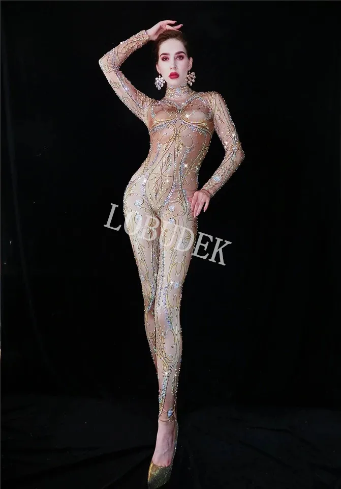 Трико женское эластичное блестящее с кристаллами телесного цвета | Тематическая