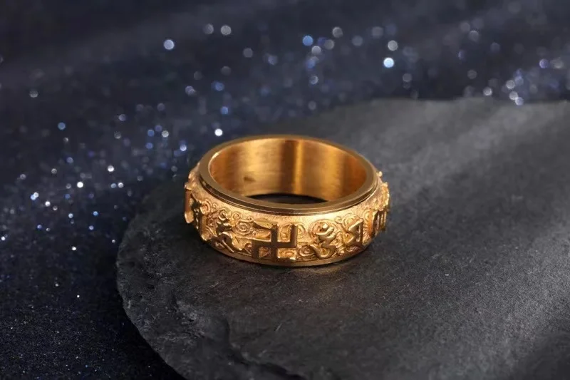 Религиозное ювелирное изделие Дамская мантра Золотое кольцо из нержавеющей