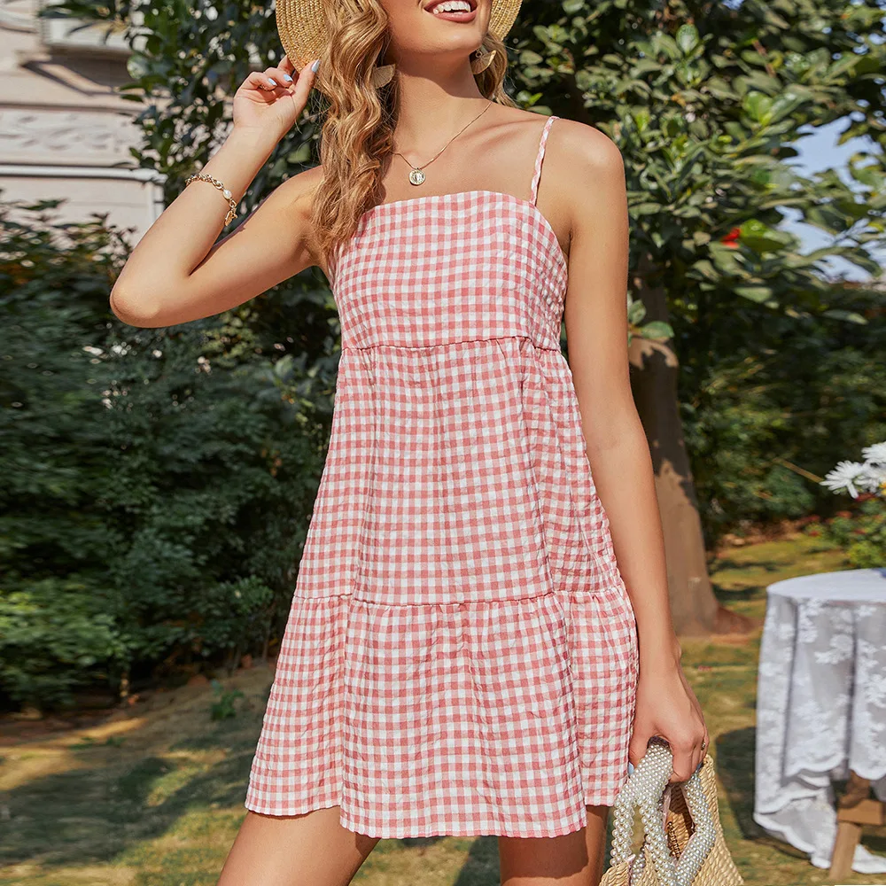 

Women's 2021 summer new Plaid suspender dress