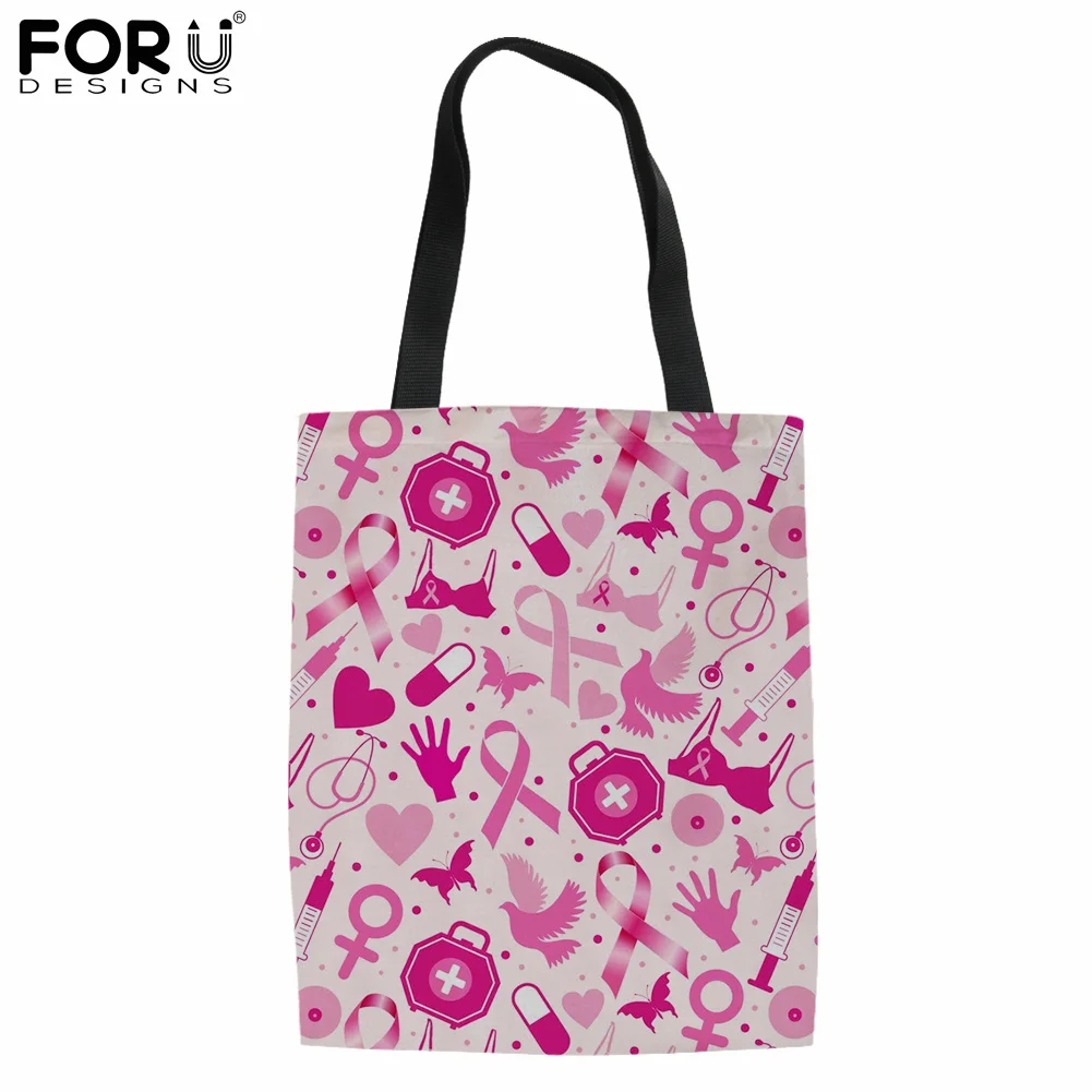 

FORUDESIGNS, осведомленность о раке, лента, клип-арт, модная Женская дорожная сумка, дорожная Льняная сумка-тоут, женская сумка через плечо для пок...