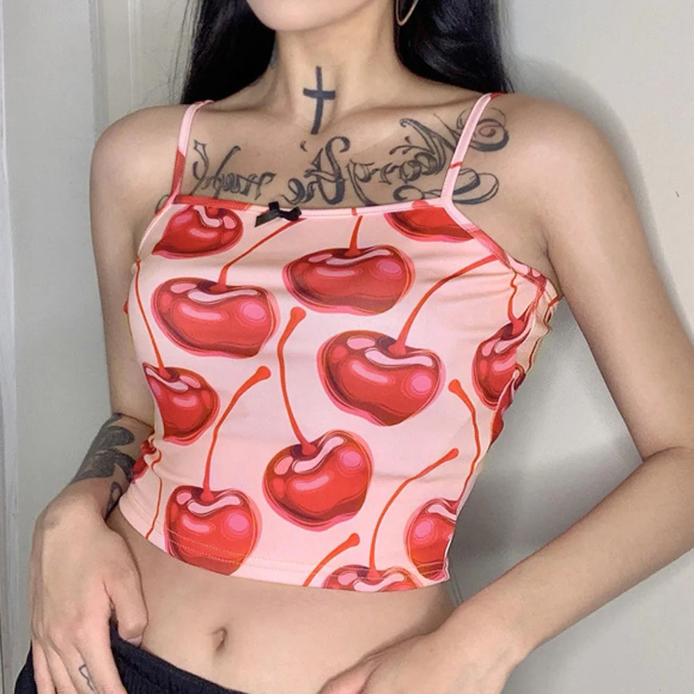Милые топы майки с принтом вишни сексуальные на бретельках Обрезанные Топы