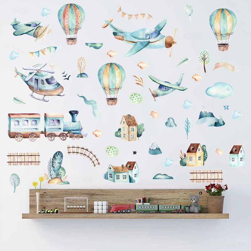 

Sticker Wall Watercolor Cartoon Airplane Train Wall Stickers Hot Air Balloon Stickers for Kids Room Nursery Wall Decals