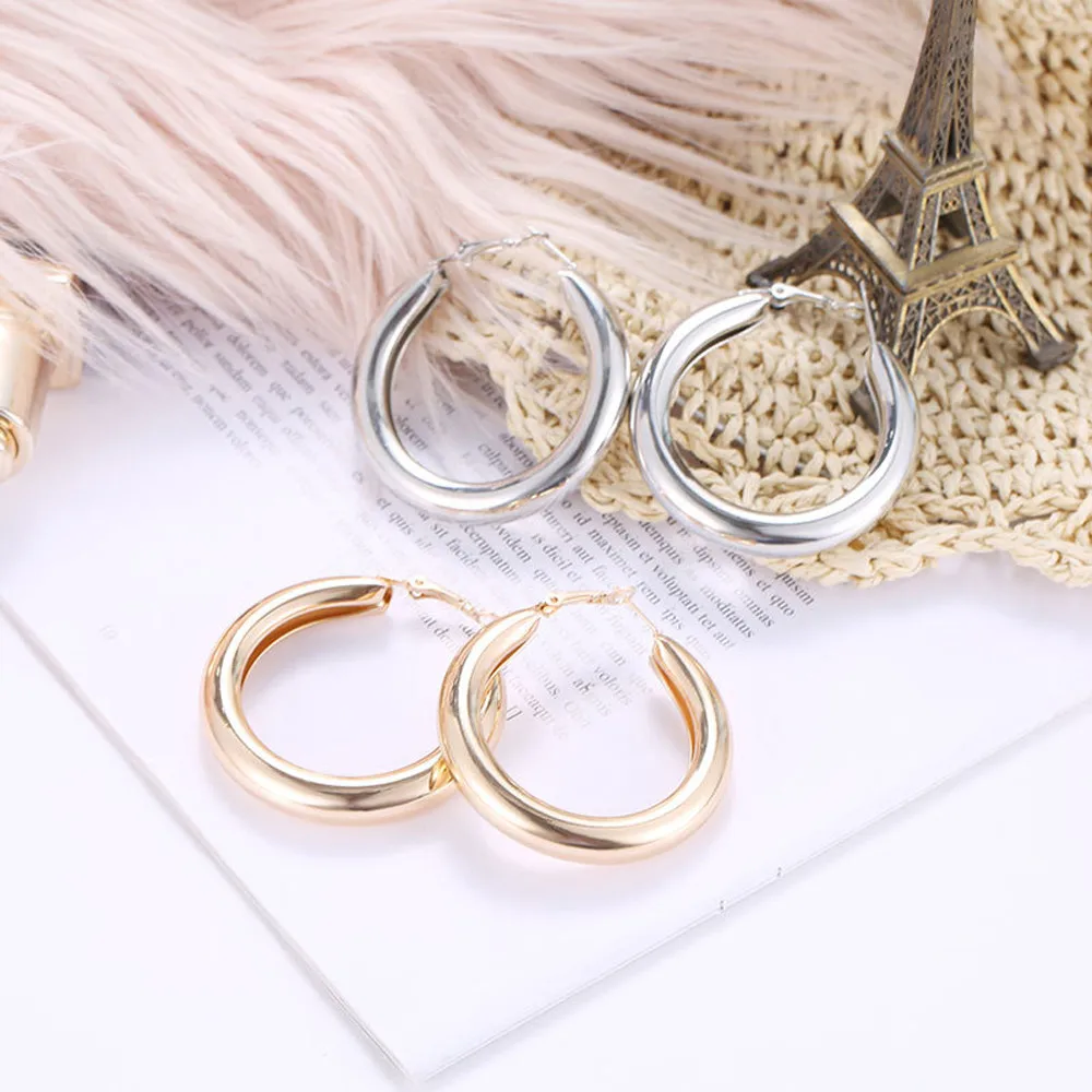 Punk Rock Earrings For Girls Minimalist 50mm Women Earring Thick Tube Big Gold Alloy Bijoux Round Circle Hoop Oorbellen | Украшения и