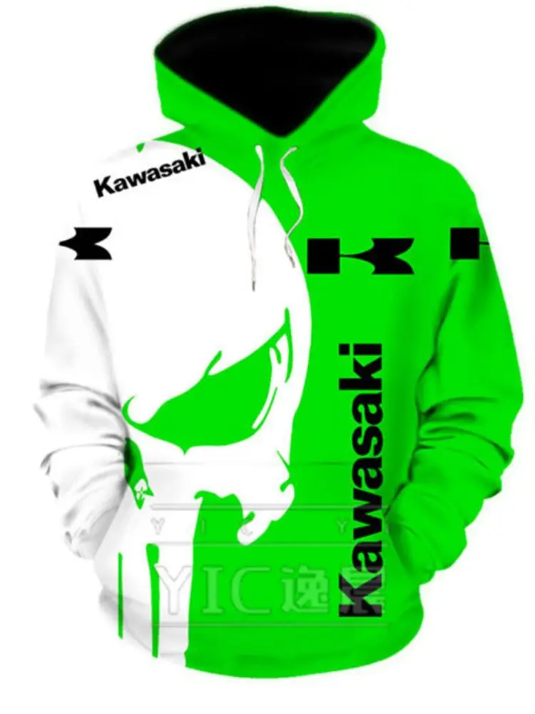 

Novo moletom com capuz masculino Kawasaki para corrida de motos Moletom 3D com impressão digital e zíper, roupas esportivas casu