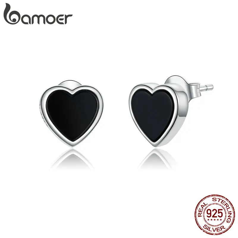 

bamoer Genuine 925 Sterling Silver Black Agate Heart Stud Earrings for Women and Men Punk Jewelry 2020 Brincos SCE915