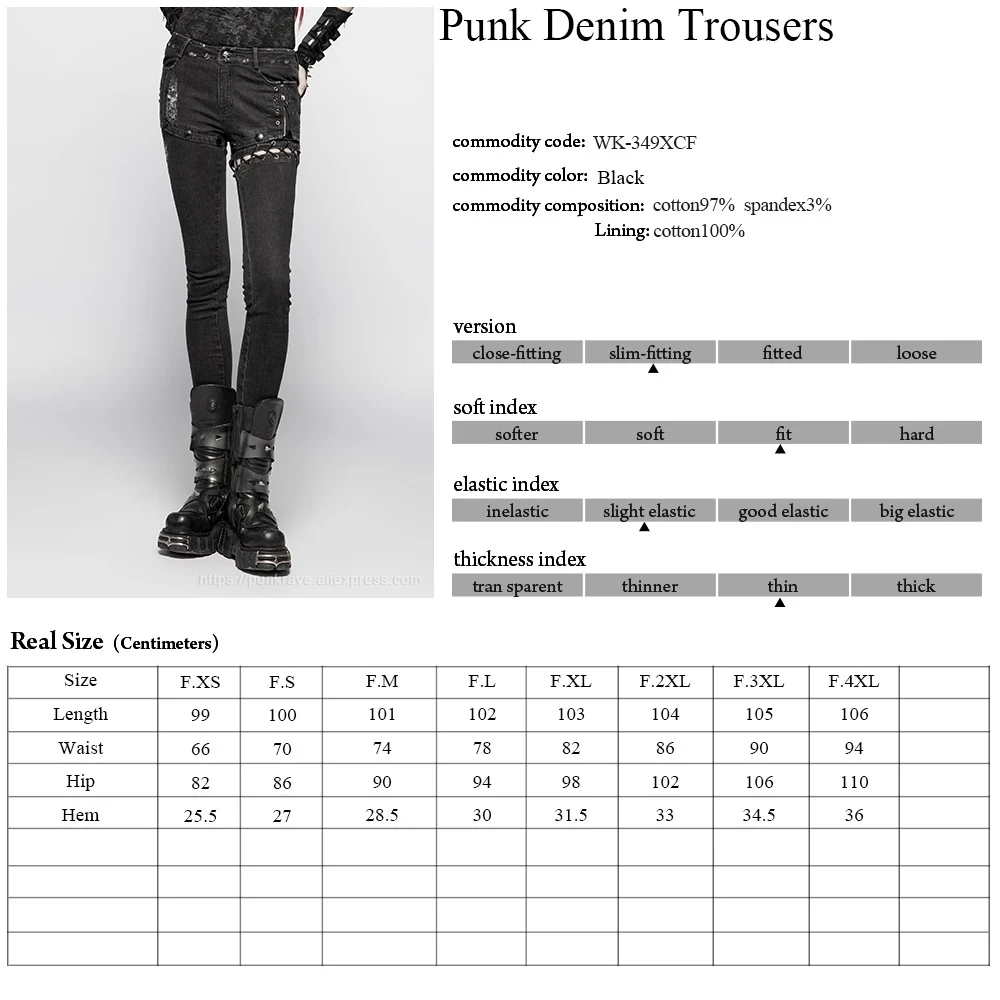 

PUNK RAVE New Punk Industrial Style Women's Black Trousers with Distressed Laced Pants Gothic Dark Denim Slim Pants Women