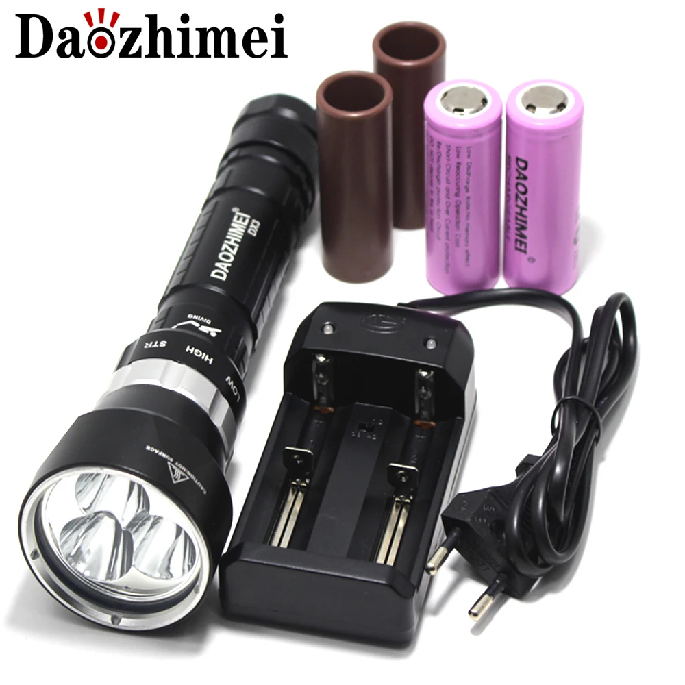 

8000LM 3*XML L2 LED Waterproof 200m Diving Scuba Flashlight Torch & 2-slots Charger & 2*26650 rechargeable Battery