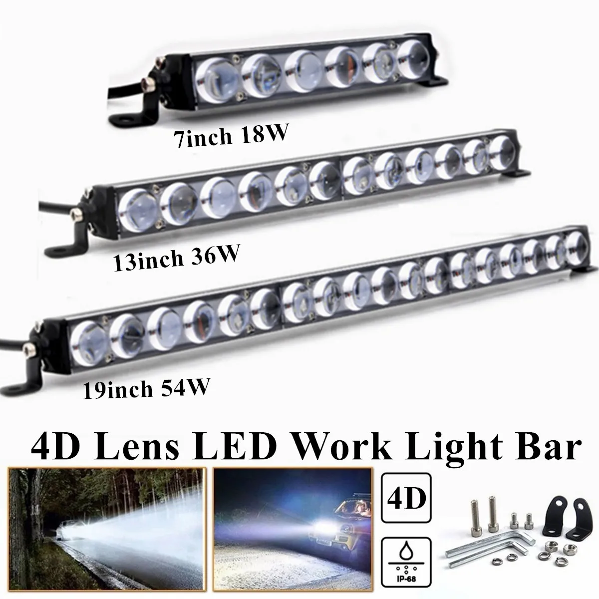 

7" 13" 19'' inch 18W 36W 54W slim led light bar 4D Lens single row 6500K spot beam for 4x4 OffRoad boat truck SUV ATV Work Light